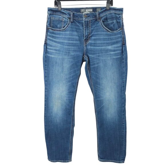 BKE Buckle Nolan Straight Leg Mens Size 36R Distressed Whiskered Denim - Picture 1 of 15